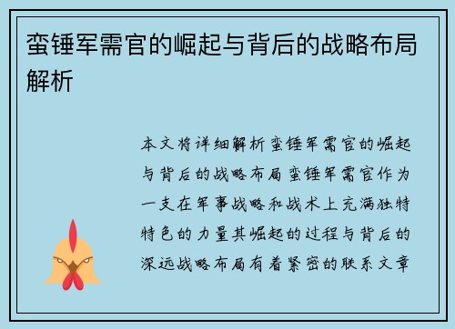 蛮锤军需官的崛起与背后的战略布局解析