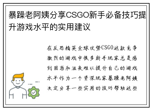 暴躁老阿姨分享CSGO新手必备技巧提升游戏水平的实用建议